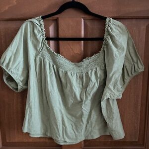 American Eagle Outfitters Sage Green Smocked Square-Neck Blouse